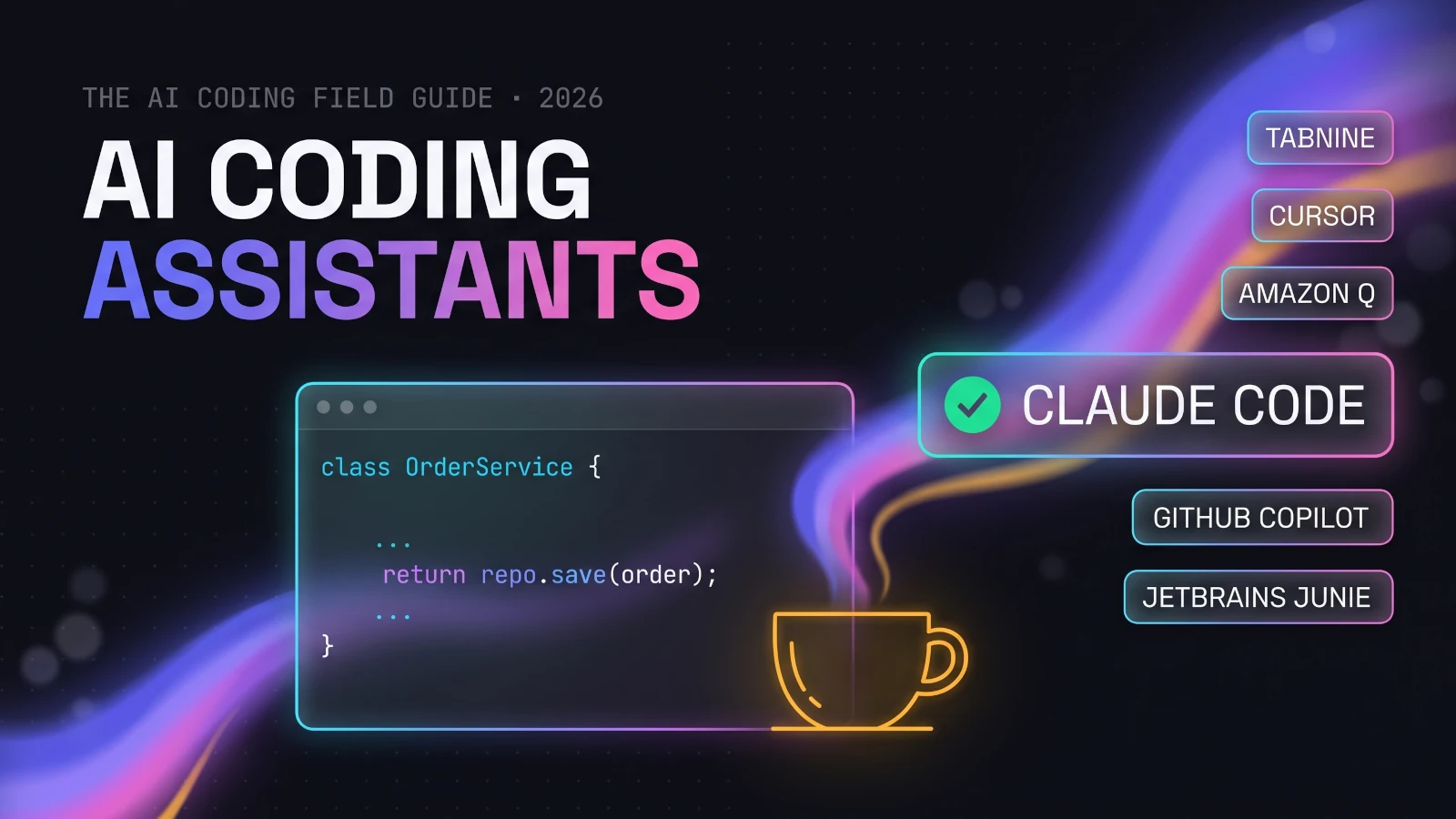 A glowing terminal window of Java code on a dark canvas, the steam of a coffee cup rising into an indigo, violet and amber aurora, ringed by six frosted-glass tiles naming Claude Code, JetBrains Junie, GitHub Copilot, Cursor, Amazon Q and Tabnine.
